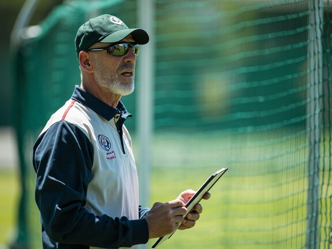 Football coach holding a tablet showing player heat map under stadium lights