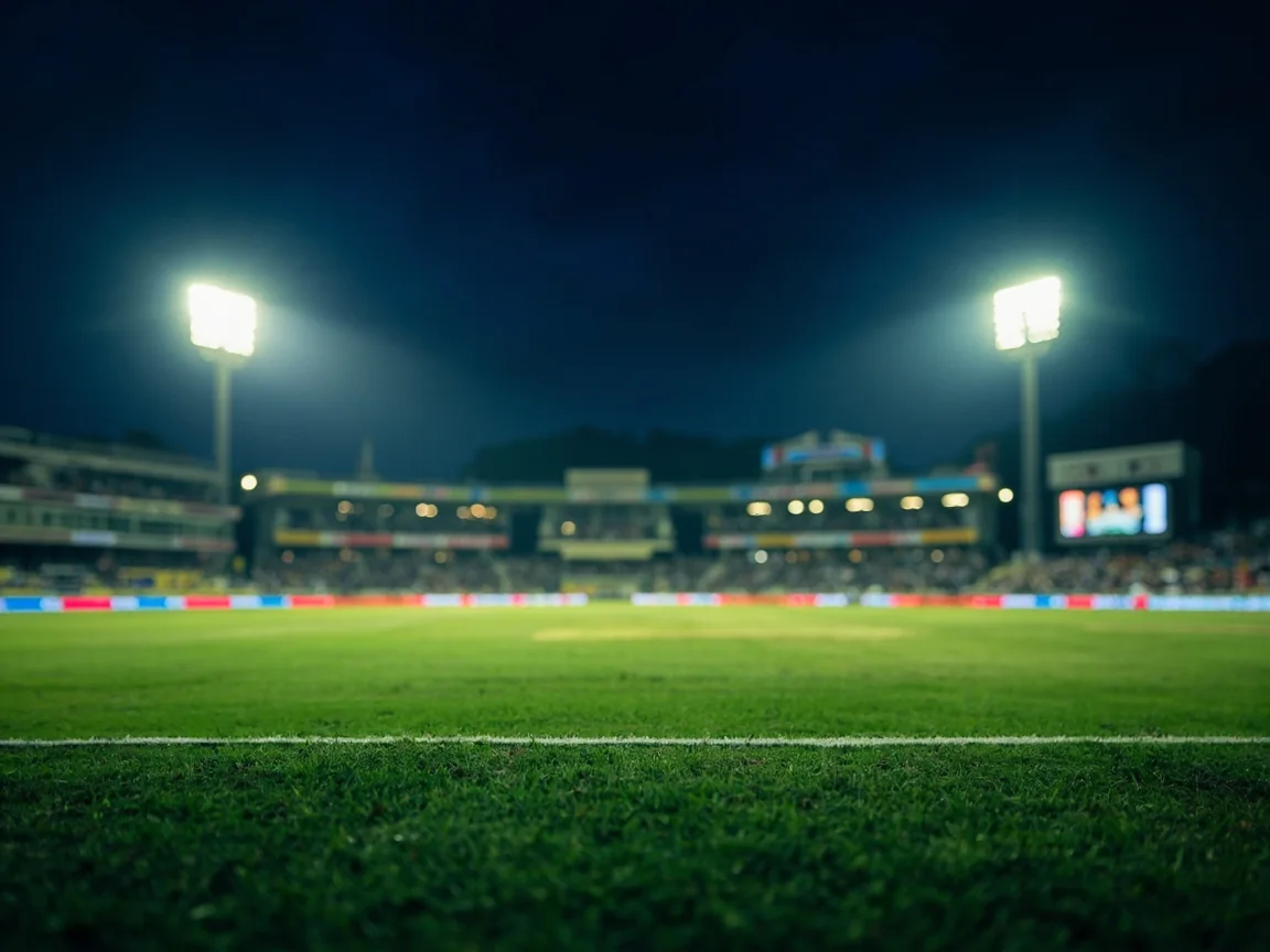 Stadium floodlights during a Champions League match with overlay of live tournament leaderboard